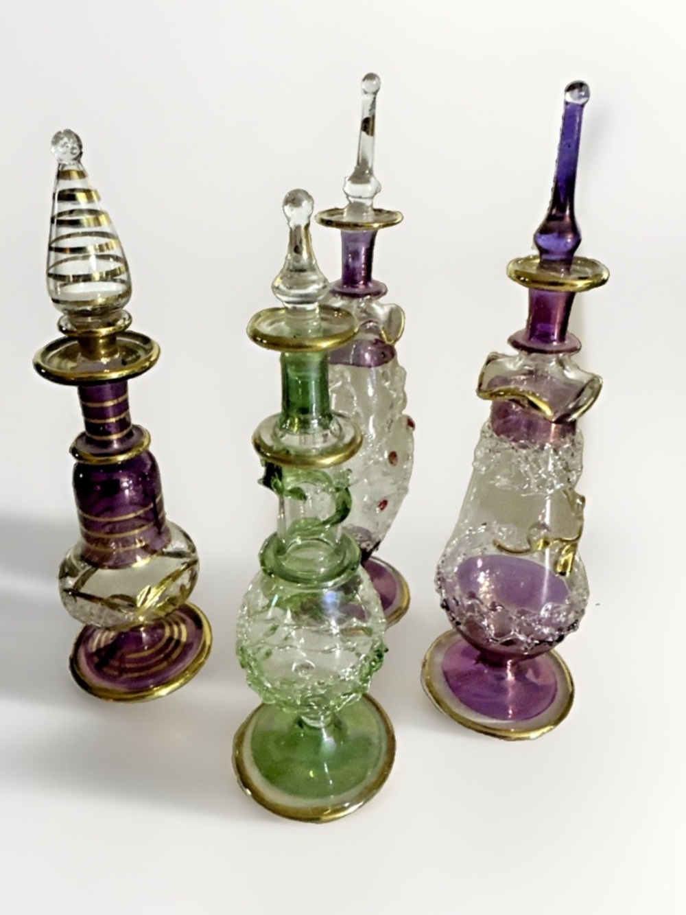 VTG  4 Hand Blown Crystal Glass PEFUME Bottles Gold Trim 6" Royal Limited
